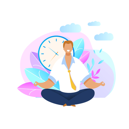 Office Worker Meditating Flat Vector Illustration. Relaxed Businessman in Lotus Position. Calm, Smiling Employee Taking Break. Time Management Concept. Clock, Plants, Leaf, Nature Backgroundのイラスト素材