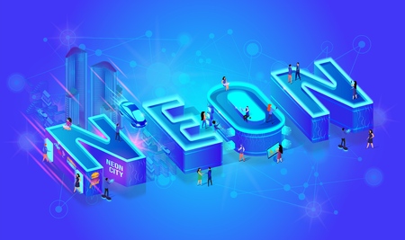 Vector 3d Isometric Word Neon Blue Ultramarine Color Effect. Little City People Walk at Big Letters And Live with Common Life Use Technology, Gadjets and Devices. Buildings, Cars, Urban Nightlifeのイラスト素材