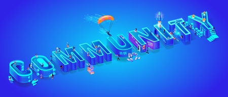 Isometric Projection of Word Community. Huge Letters on Ultramarine Neon Gradient Background. Little People Living Together in Smart High-Tech Neon City. 3d Vector illustration. Flat Characters.のイラスト素材