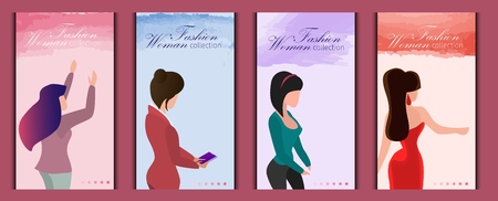 Set Models Demonstrate Fashion Woman Collection. Vector Illustration Landing Page. Spring Summer Romantic Collection Irreplaceable Clothes for Women. Universal Style Always Relevant.のイラスト素材
