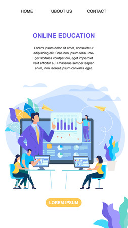 Vertical Banner with Copy Space. Students Learn Distance Using Internet Technology. Group of People Watch Webinar. Education, Teacher Speak at Computer Desktop Online. Cartoon Flat Vector Illustrationのイラスト素材