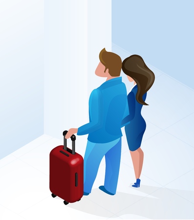 Couple Man and Woman arriving at Hotel Hall with Luggage Waiting Reception Staff Manager Vector Isometric Illustration. Husband Wife in Modern Lobby Interior. Registration Reservation Serviceのイラスト素材