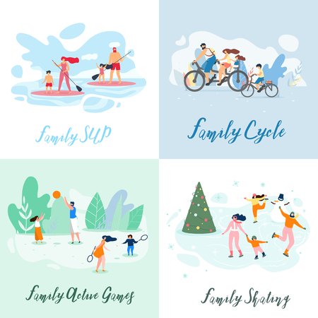 Flat Banner Family Sup Cycle Active Games Skating. Vector Illustration on Color Background. Set Winter and Summer Interesting Vacation for Children and Adults. Joint Games Unite Family.のイラスト素材