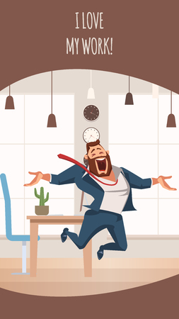 Laughing Office Worker Jumping Up. Boss Love Work. Happy Adult Businessman Express Emotion. Smiling Male Coworker Character Full of Enthusiasm Jump. Cartoon Flat Vector Illustrationのイラスト素材
