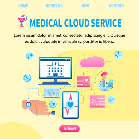 Illustration Patient Health Data Transfer System. Banner Vector Medical Cloud Service. Clinic Receives Patient Health Data Computer. Doctor Online Monitors Heart Person. Device for Life Indicatorのイラスト素材
