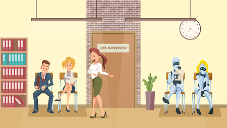 People and Robot Queue at Door in Office Corridor. Job Interview. Human Resource and Modern Technology Hire. Artificial Intelligence Recruitment. Workplace Hallway. Flat Cartoon Vector Illustrationのイラスト素材