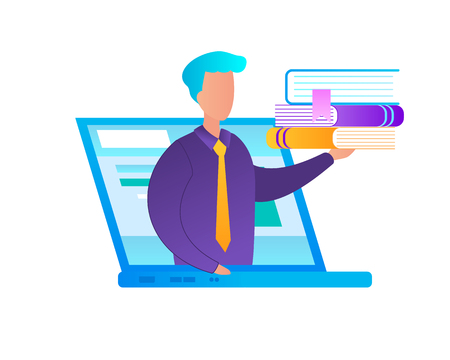 Man at Laptop Screen Holding Heap of Books on Hand Isolated on White Background. Teacher and Online Courses. E-Learning, Training, Gaining Knowledge, Flat Vector Illustration, Icon, Clip art.のイラスト素材