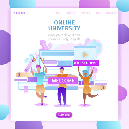 Welcome You Student Square Banner. Happy Cartoon Group of Students Meet New Scholars with Banners and Flags to Online University. Textbooks, Leaves, Cogwheels, App Background. Flat Vector Illustrationのイラスト素材