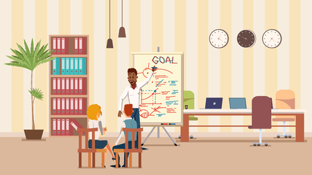 Speaker Presentation at Creative Open Space Office. Team Conference or Business Meeting. Male and Female Character Sit on Chair. Modern Cozy Coworking Area. Cartoon Flat Vector Illustrationのイラスト素材