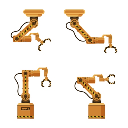 Brown Metal Mechanical Robotic Packing Claw Set. Factory Storage Automatic Crane Device. Industrial Robot Arm Made of Iron. Warehouse Conveyor Equipment. Flat Cartoon Vector Illustrationのイラスト素材