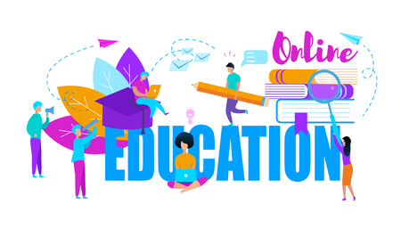 Big Blue and Pink Colored Words Online Education. Little Learning People Moving Around with Stationery Isolated on White Background. Cartoon Characters. Textbooks. Creative Flat Vector Illustration.のイラスト素材