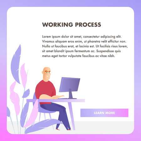 Businessman Character Working Process Web Banner. Corporate Employee Work at Table Workplace. Happy Sitting Office Man Concept for Website or Landing Page. Flat Cartoon Vector Illustrationのイラスト素材
