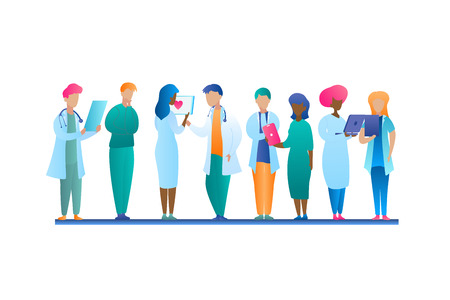 Illustration Group Doctor Talking Stands in Row. Vector Image Man and Woman Medical Clinic Worker. Online Patient Consultation Using Laptop and Tablet. Patient Case Study. Healthcare Systemのイラスト素材