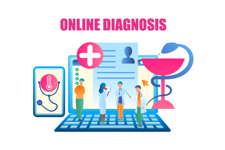 Vector Group Doctor Discussing Patient Treatment. Banner Man and Woman Medical Professional Standing Laptop, Communicating Patient. Online Diagnosis Medical Disease. Use Gadget in Healthcare Systemのイラスト素材