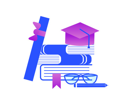 Graduation and Education Stuff. Heap of Textbooks with Academical Cap, Scroll, Glasses, Pencil Isolated on White Background. Blue and Purple Gradient Palette. Flat Vector Illustration, Icon, Clip art.のイラスト素材