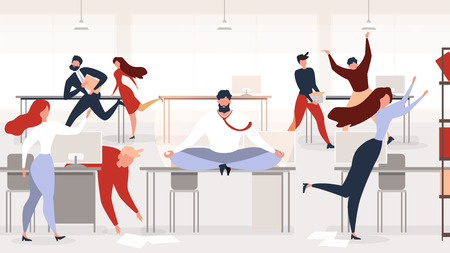 Keeping Calm at Workplace Flat Vector Concept with Businessman or Company Employee Meditating, Sitting in Lotus Pose on Desk in Middle of Noisy Office with Busy and Hurrying Colleagues Illustrationのイラスト素材