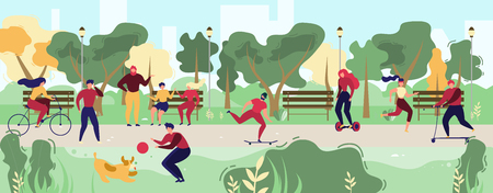 Activities in City Park Flat Vector Concept. People Resting on Bench, Meeting with Friends, Running, Riding Bicycle, Hoverboard and Skateboard, Playing with Pet Illustration. Modern City Public Spaceのイラスト素材