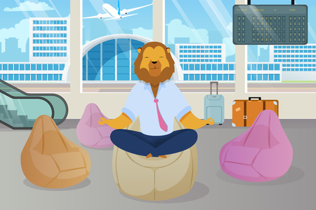 Office Worker with Lion Head Meditating Clipart. Metaphor of Relaxed Businessman as Animals King. Employee in Lotus Position in Airport Lounge. Calm Down, Clear Mind Flat Cartoon Vector Conceptのイラスト素材
