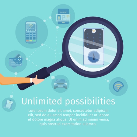 Unlimited Possibilities with NFC Technology Flat Vector Square Advertising Banner. Secure Access Service Promo Poster Template. Human Hand Holding Magnifying Glass, Magnifying Code Lock Illustrationのイラスト素材