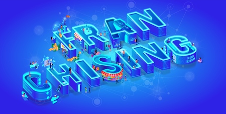 Franchising. Isometric 3d Word. Big Letters. Gradient Background. Business Opportunity, Bizopp, Franchise, Distribution. Little People Use Smart High-Tech for Life. Neon City. Flat Vector Illustrationのイラスト素材
