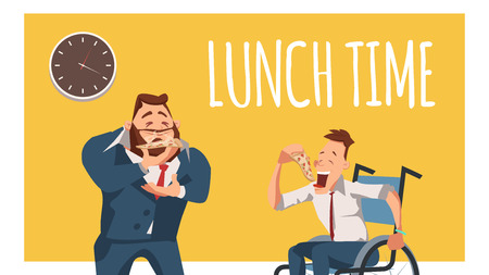 Disabled Coworker and Worker in Suit Have Lunch. Wheelchair Freelancer Eat Pizza. Happy Businessman or Office Man Stand, Smell Slice of Italian Food. Cartoon Flat Vector Illustrationのイラスト素材