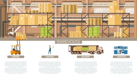 Warehouse Packing and Supply Maintenance Banner. Infographic Picture of Industrial Factory Storage Element. Control Logistic, Weight Delivery, Professional Service. Flat Cartoon Vector Illustrationのイラスト素材