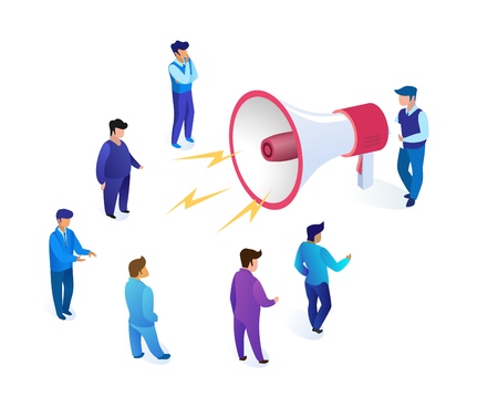 Man Speaks into Portable Speaker Cartoon Flat. Energy Transfer Efficiency from One Man to Group People Vector Illustration White Background. Men Business Suits Listen to Manager with Mouthpiece.のイラスト素材