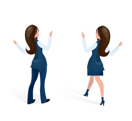 Friendly Meeting Girlfriends Vector Illustration. Attractive Woman on Left Wearing Pantsuit, Woman on Right is Wearing Skirt and Vest. White Background Two Slender Women Back View.のイラスト素材