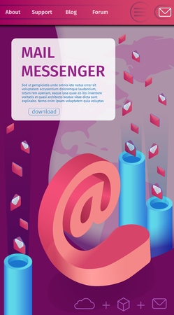 Illustration Mass Mailing Written Mail Messenger. Foreground an E-mail  in Midst Vertical Pipes. Letters Fly Out Tubes. Fast Instant Messaging App any Distance. Vector Landing Page.のイラスト素材