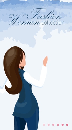 Tailor Course Fashion Woman Collection Banner. Vector Illustration Landing Page. Woman with Pantsuit Gesticulates. Current Collection Personal Preferences Fits Well with Womens Wardrobe.のイラスト素材