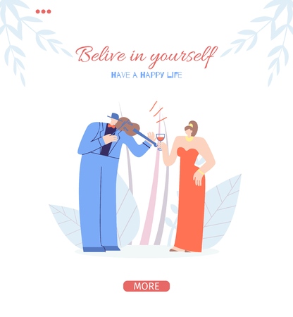 Social Motivation to Have Happy Life Slogan Believe in Yourself Landing Page Banner Template with Violin Musician Man and Satisfied Drinking Woman over Floral Copy Space Vector Illustration Styleのイラスト素材