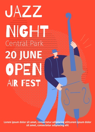 Announcement Jazz Night Open Air Fest in Central Park Vector Flat Designed Poster Advertising Disco Party Live Sound Great Event Cartoon Illustration Man Playing Contrabass Classic Music Festivalのイラスト素材