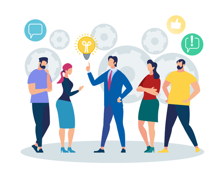 Man in Formal Suit Point on Light Bulb on White Background with Cogwheels. Business Training Sharing Idea. Office People Listening and Interacting with Businessman. Cartoon Flat Vector Illustrationのイラスト素材