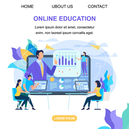 Square Banner with Copy Space. Students Watch Online Training Video with Teacher on Huge Monitor. Online Teaching, Share Your Knowledge, Trainer Speaking from Screen. Cartoon Flat Vector Illustrationのイラスト素材