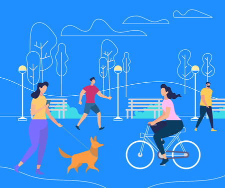 Relaxing People with Cellphones, Walking Dog, Riding Bicycle on Blue Background with Outline City Park and Nature Elements. Summer Time Activity. Healthy Lifestyle. Cartoon Flat Vector Illustration.のイラスト素材