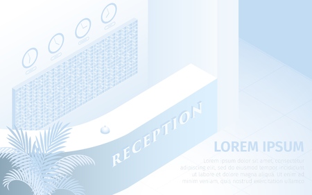 Hotel Reception Desk Vector Isometric Illustration. Modern Hotel Entrance Lobby Hall Interior. White Contemporary Counter Render Mockup. Business Building Office Administrator Table.のイラスト素材