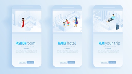 Fashion Room Family Hotel Plan Trip Banners. Online Booking Modern Apartment Vector Illustration. Reservation Business Trip Tourism Vacation Application Website Landing Page Social Mediaのイラスト素材