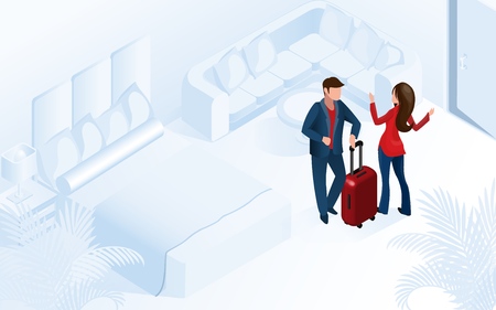 Man Arriving with Luggage in Comfortable Modern Hotel Room Vector Isometric Illustration. Hotel Female Manager Welcome Client in Apartment Concept. Assistant Service Help Guest Touristのイラスト素材
