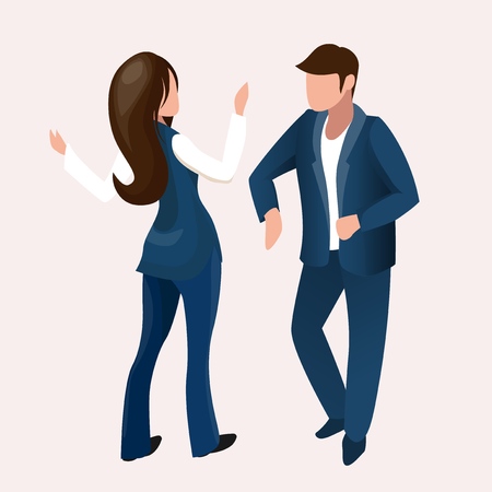 Woman Hotel Receptionist Assistant Manager Welcome Man Tourist Vector Isometric Illustration. Administrator Staff Help Client Businessman Concept. Cartoon Characters Office Employee Guestのイラスト素材