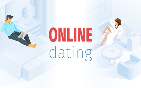 Man Sitting on Bed Home Use Computer Woman on Sofa Couple Vector Illustration. Online Internet Dating Banner Concept. Application for Love Date Flirting Romantic Communication Messageのイラスト素材