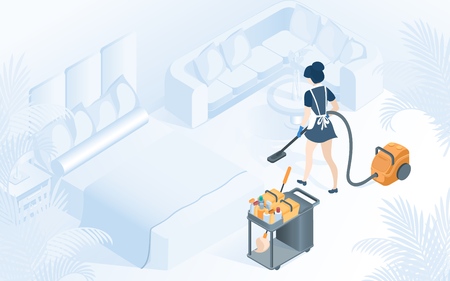 Hotel Room Cleaning Service. Maid in Uniform Vacuuming Carpet in Hotel Apartment with Bed, Table, Sofa Vector Isometric Illustration. Woman Professional Staff with Janitor Cart Cleaning Suppliesのイラスト素材