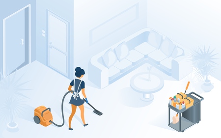 Hotel Room Cleaning Service. Vector Isometric Illustration Maid in Uniform with Apron Vacuuming Carpet in Hotel Apartment with Table and Sofa. Cleanup Woman Housekeeping Interior Chambermaid Concept.のイラスト素材