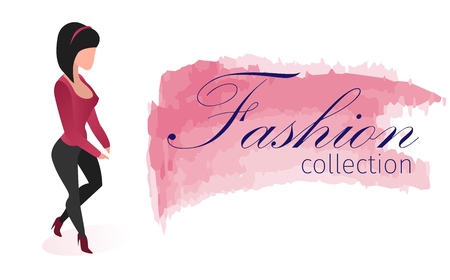 Flyer Fashion Collection International Exhibition. Lettering Watercolor Smear. Fashionable Teenager Girl Dressed in Trendy Casual Clothes. Woman Model Dressed in Pants and Sweatshirt.のイラスト素材