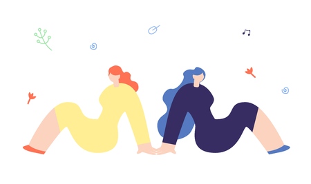Two Beautiful Woman Enjoy Concert Music. Pretty Cheerful Girls Sitting Relaxing Listening Popular Tracks. Flat Cartoon Sisters Characters. Party Recreation Music Festival Concept. Vector Illustrationのイラスト素材