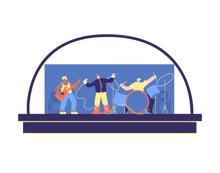 Concert of Multi Ethnic Musical Band Flat Vector. Cartoon Group of Musicians Playing Guitar, Drum, Front Man Singing with Microphone on Stage. Live Music Festival Illustration with White Backgroundのイラスト素材