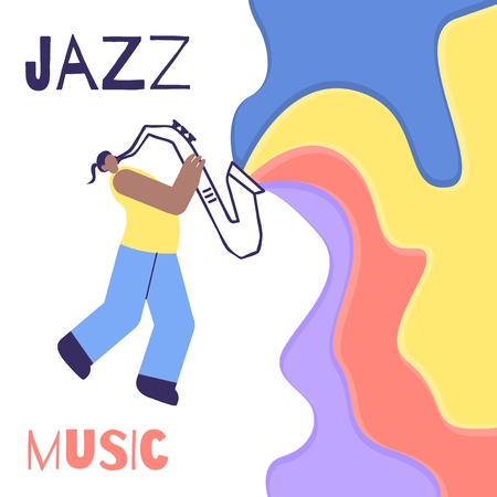 Afro-American Jazz Man Playing Saxophone Promo Text. Music Sound Spreads Rainbow from Sax. Poster in Flat Vector Talent Human Singer Jazz Festival Illustration Character Invitation Bannerのイラスト素材