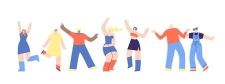 Multi Ethnic Man Woman Crowd Clubbing Dancing Having Fun. Musician Festival Rock Pop Concert Nightclub Dance Party Marathon. Disco Moving Cartoon Fans Audience Participant Flat Vector Illustrationのイラスト素材