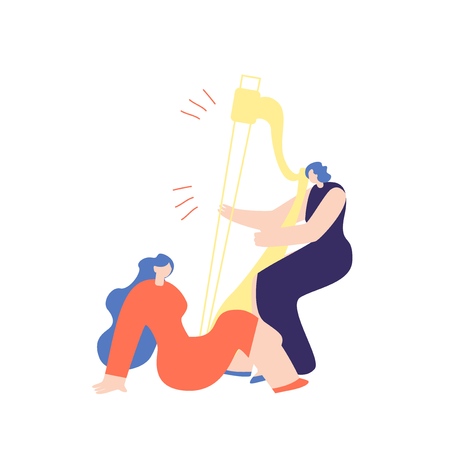 Woman Playing Harp to Friend Girl Sitting on Floor Listening Music. Musicians Cartoon Characters. Music Festival Flat Vector Illustration. Poster Design with Harpist. Enjoying String Instrument Melodyのイラスト素材