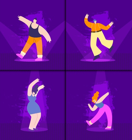 Happy Dancing People on Discotheque Stage Cartoon Flat Illustration Set in Vector Style Music Festival Dance Challenge Disco Party Competition Enjoyment at Nightclub Man Woman Having Fun Restのイラスト素材