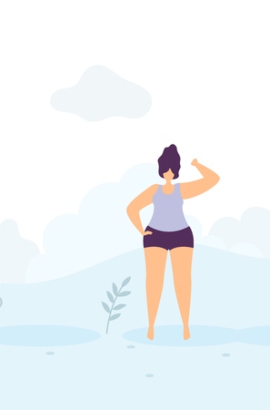 Strong Cartoon Happy Sporty Woman in Sportswear Standing and Showing Female Force Power Raising One Arm Flat Banner Template in Vector Design Illustration Concept of Feminism Motivation Be Betterのイラスト素材